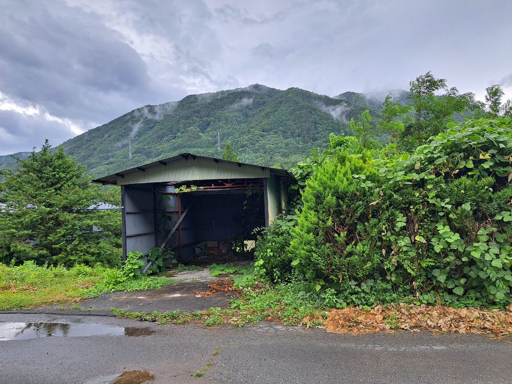 山を望む集落の道